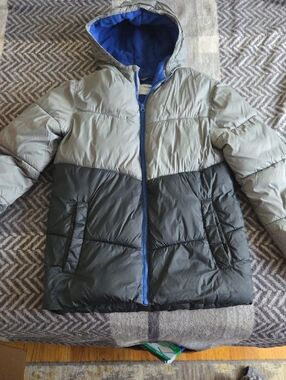 Kids Colorblock Puffer Jacket with Hood - Blue & Gray